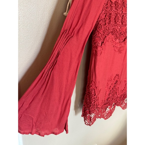 TJD Rust Red Boho Crochet Lace Deep V-Neck Bell Sleeve Top Size M J12161018 - Picture 5 of 8